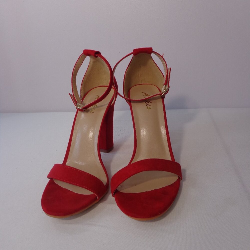 Ankis Red Women 4" High Chunky Heel Sandals Ankle Strap Wedding Party Shoes Sz 8